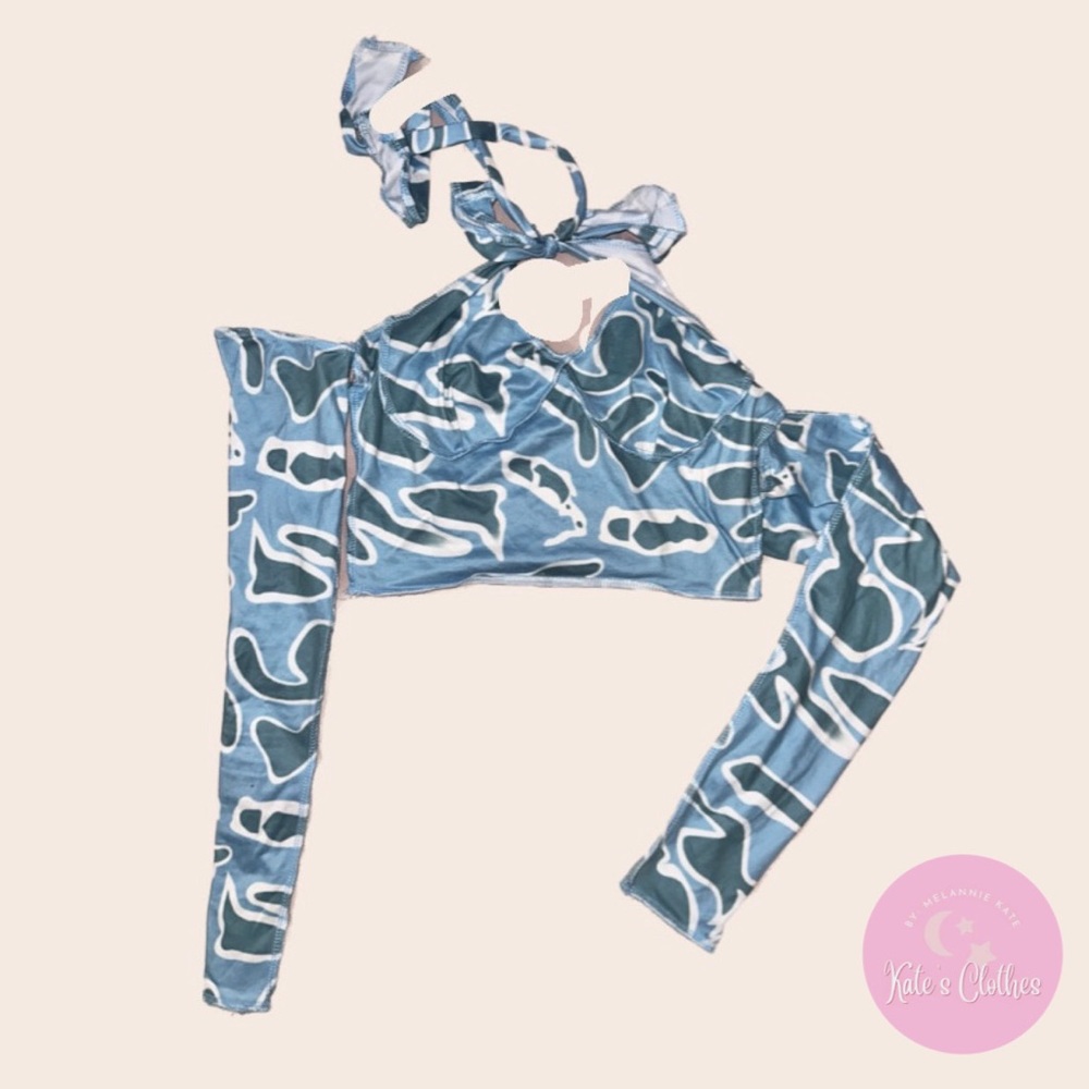 Crop Top Long Sleeve Tied To The Neck With Print Cut In V